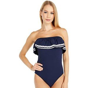 J Crew Ruffle Bandeau 1-Pc Swimsuit, NTW Navy Sz 14